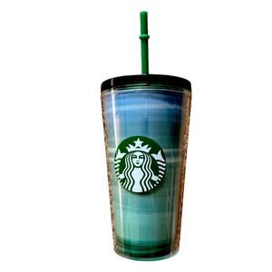 STARBUCKS 2021 NWOT Blue Ombré Tumbler16fl oz w/ Green Lid & Green Straw